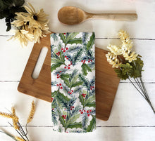 Load image into Gallery viewer, Holly & Pine Watercolor Hand Towel — Festive Holiday Tea Towel