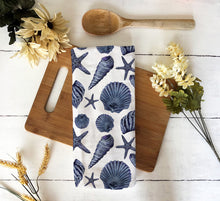 Load image into Gallery viewer, Blue Nautical Shell Hand Towel — Coastal Kitchen & Beach House Decor