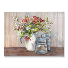 Load image into Gallery viewer, Dogwood in a Pitcher with Antique Jars 2 Stretched Canvas Print

