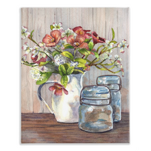 Load image into Gallery viewer, Dogwood in a Pitcher with Antique Jars Stretched Canvas Print
