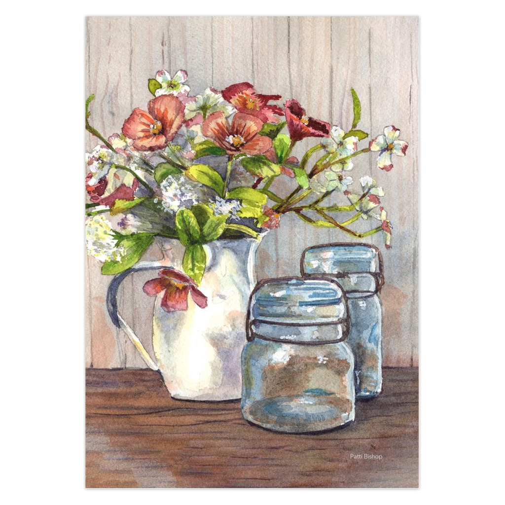 Dogwood in a Pitcher with Antique Jars Greeting Cards