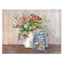 Load image into Gallery viewer, Dogwood in a Pitcher with Antique Jars 2 Stretched Canvas Print
