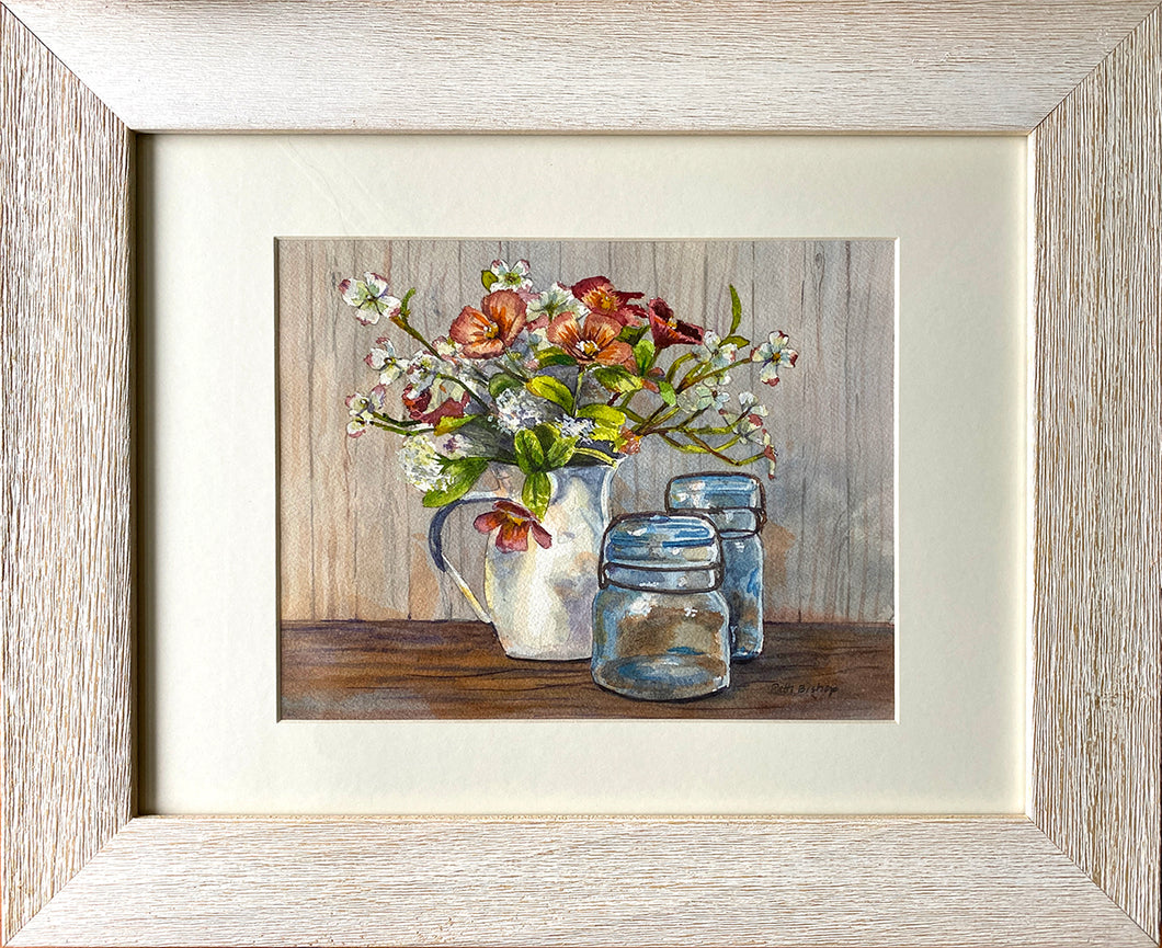 Dogwood in a Pitcher with Antique Jars Original Watercolor