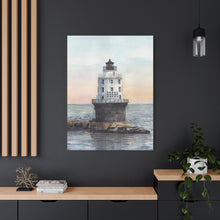 Load image into Gallery viewer, Lewes, Delaware Harbor of Refuge Lighthouse Watercolor Canvas Print, Coastal Art, Beach Art, Seashore Art
