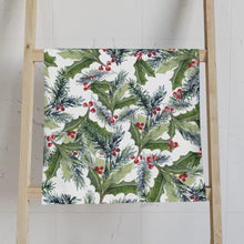 Load image into Gallery viewer, Holly &amp; Pine Watercolor Hand Towel — Festive Holiday Tea Towel
