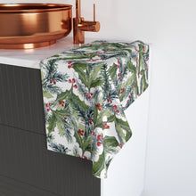 Load image into Gallery viewer, Holly &amp; Pine Watercolor Hand Towel — Festive Holiday Tea Towel
