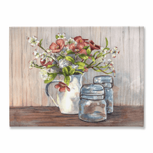 Load image into Gallery viewer, Dogwood in a Pitcher with Antique Jars 2 Stretched Canvas Print - Patti Bishop Watercolors
