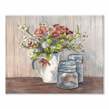 Load image into Gallery viewer, Dogwood in a Pitcher with Antique Jars 2 Stretched Canvas Print - Patti Bishop Watercolors
