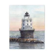 Load image into Gallery viewer, Lewes, Delaware Harbor of Refuge Lighthouse Watercolor Canvas Print, Coastal Art, Beach Art, Seashore Art
