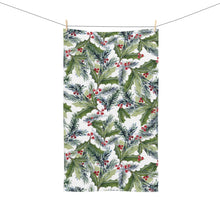 Load image into Gallery viewer, Holly &amp; Pine Watercolor Hand Towel — Festive Holiday Tea Towel
