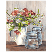 Load image into Gallery viewer, Dogwood in a Pitcher with Antique Jars - Patti Bishop Watercolors

