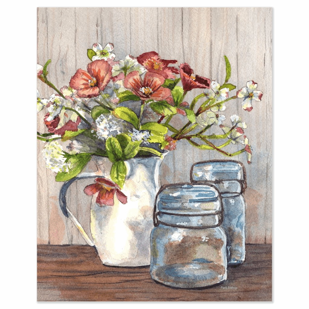 Dogwood in a Pitcher with Antique Jars - Patti Bishop Watercolors
