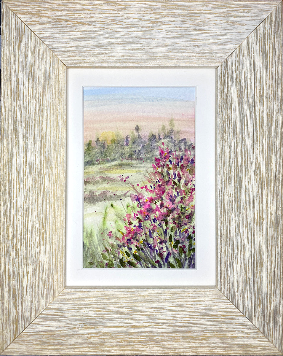 Landscape Pink Flowers Original Watercolor