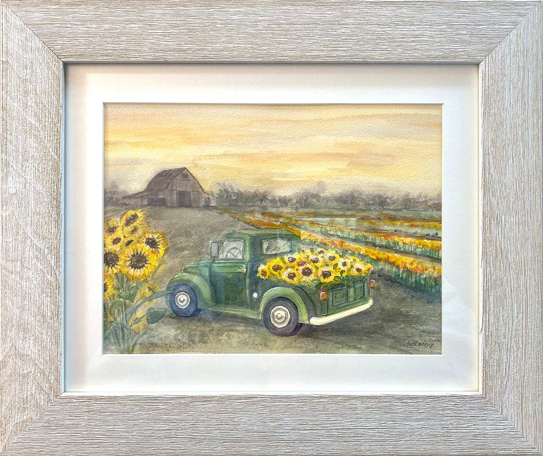 Old Truck and Barn with Sunflowers Original Watercolor - Patti Bishop Watercolors