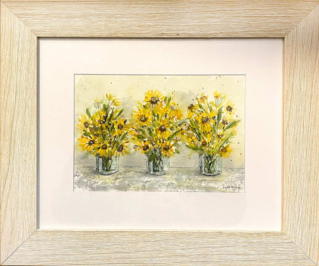 Sunflowers Jars Trio Original Watercolor - Patti Bishop Watercolors