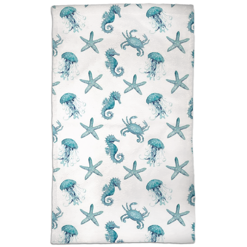 Teal Starfish and Seahorse Hand Towels