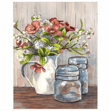 Load image into Gallery viewer, Dogwood in a Pitcher with Antique Jars - Patti Bishop Watercolors
