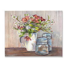 Load image into Gallery viewer, Dogwood in a Pitcher with Antique Jars 2 Stretched Canvas Print
