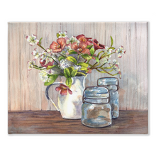 Load image into Gallery viewer, Dogwood in a Pitcher with Antique Jars 2 Stretched Canvas Print
