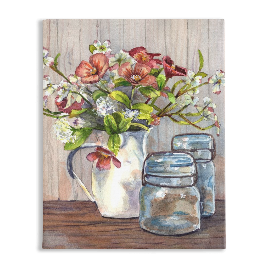 Dogwood in a Pitcher with Antique Jars Stretched Canvas