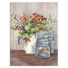 Load image into Gallery viewer, Dogwood in a Pitcher with Antique Jars Stretched Canvas Print
