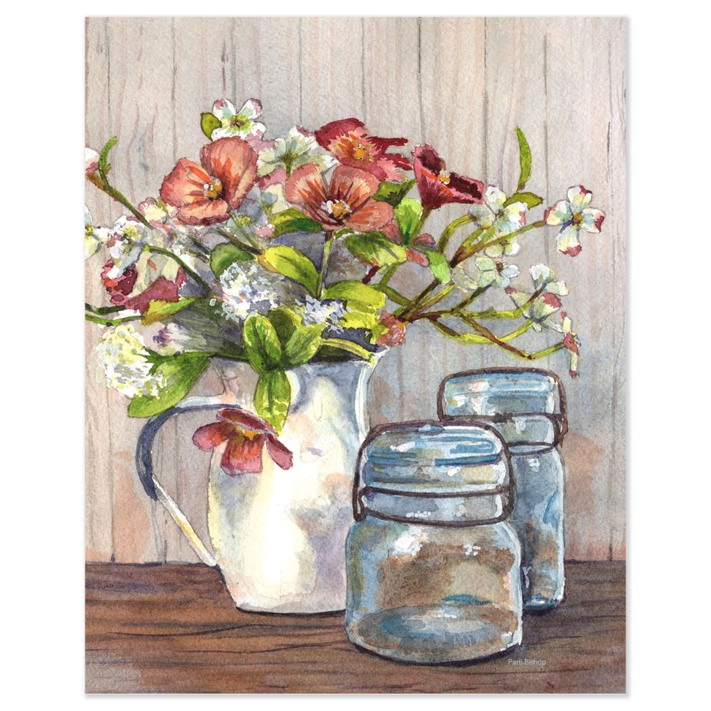 Dogwood in a Pitcher with Antique Jars