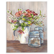 Load image into Gallery viewer, Dogwood in a Pitcher with Antique Jars Stretched Canvas Print
