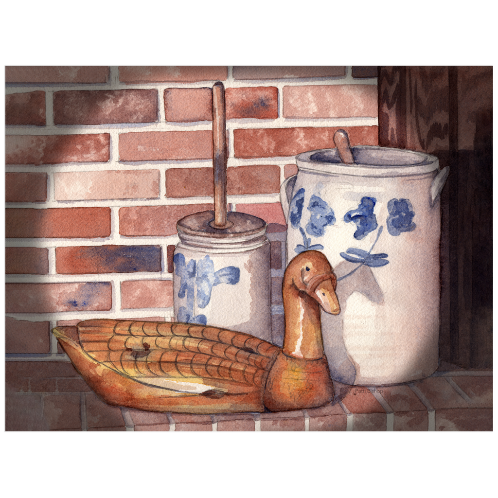 Carved Duck and Antique Crocks Art Prints