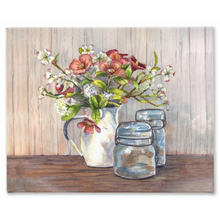 Load image into Gallery viewer, Dogwood in a Pitcher with Antique Jars 2 Stretched Canvas Print
